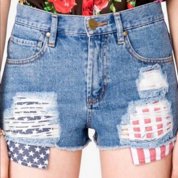 Forever 21 High Waisted American Flag Distressed Jean Shorts - Picture 1 of 5